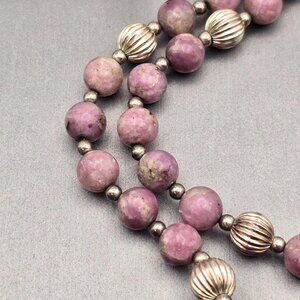 VTG Rhodonite 8mm Beaded Necklace 18" Sterling Silver Spring Clasp & Spacers